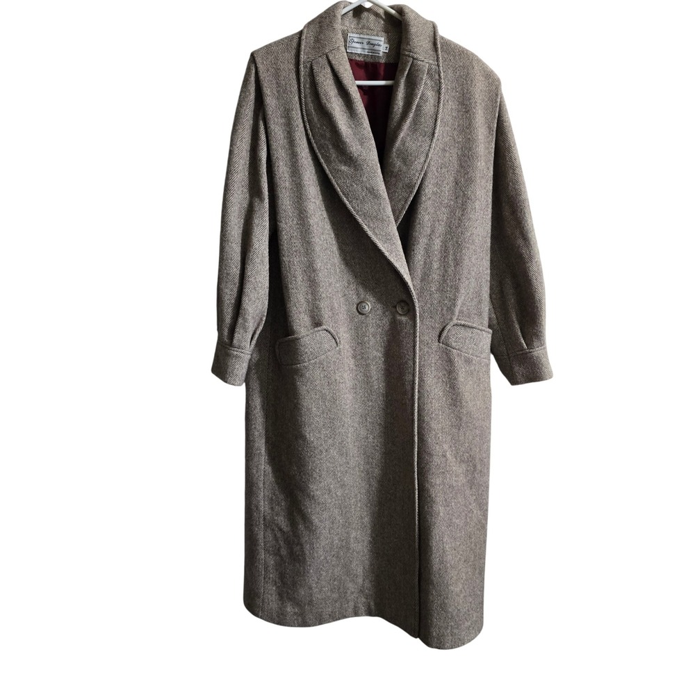 Spencer Douglas Herringbone Wool Coat Women 14 Tan Shawl Collar Vintage USA